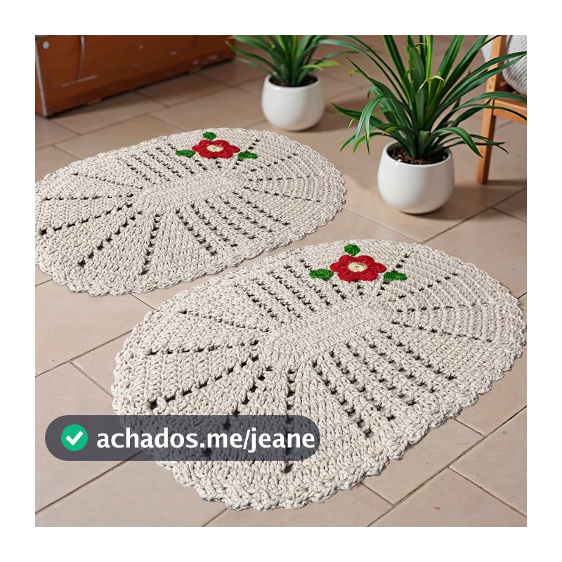Kit Tapete Oval Bordado Crochê 02 Peças 37cm  x45cm Quarto Cozinha