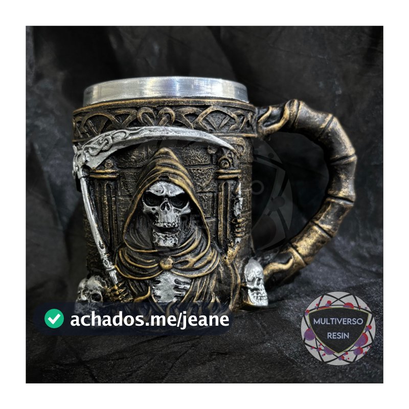 Caneca/Copo Personalizada Caveira Morte com Foice Medieval Crânio Vikings 3D Resina - Dourada