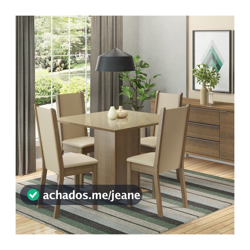 Conjunto Sala de Jantar Mesa Tampo de Vidro com 4 Cadeiras Rustic/Crema/Pérola Madesa Moscou Plus