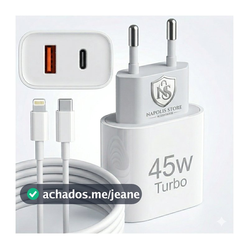 Carregador Iphone Turbo 45W 2 Entradas USB e USB-C + Cabo Lightning Iphone 6 7 8 X XR XS 11 12 13 14
