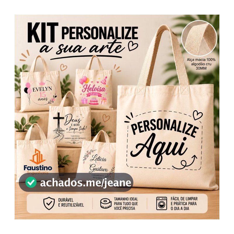 Kit Ecobag Personalizada 10 a 50 Unidades 100% Algodão Cru Sacola Ecológica Personalize com Logo Frase Arte para Festas