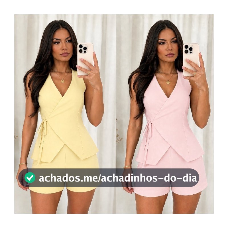 Conjunto de Verão Feminino Short com Elástico e Colete, 2 peças em tecido Sensorial