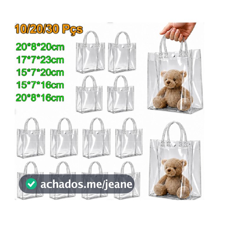 5/10/20 Sacolas de Presente PVC Reforçado Transparente com Alça para Natal, Festas e Lembrancinhas