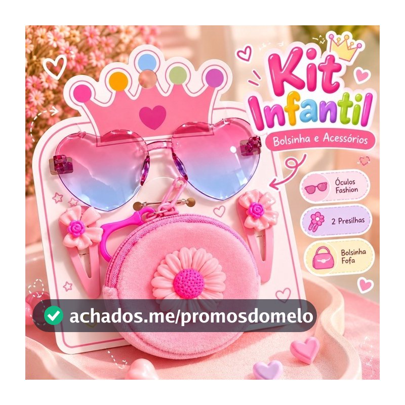 Kit Infantil Dia das Crianças Presente Menina Óculos de Coração Bolsinha Presilhas de Cabelo Acessórios Femininos
