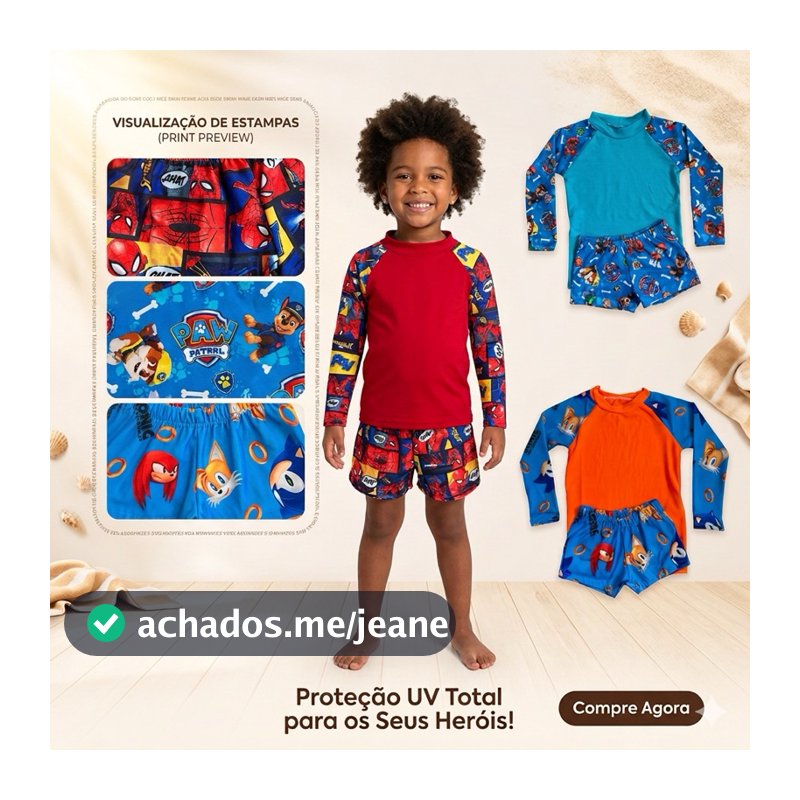 Conjunto Sunga + Camiseta proteção UV 50 infantil  natação /Moda praia personagens /Autismo
