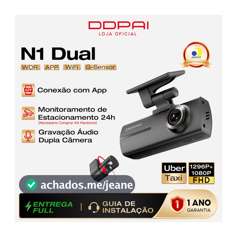 Câmera Veicular DDPAI N1 Dual 1296P+1080P Uber WiFi App Supercapacitor Visão Noturna Gravação em Loops