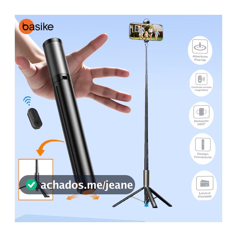 BasikeTripé Selfie com Abre Automático Controle Bluetooth Suporte Celular Portátil, Giratório 360° e Ocultável Viagens