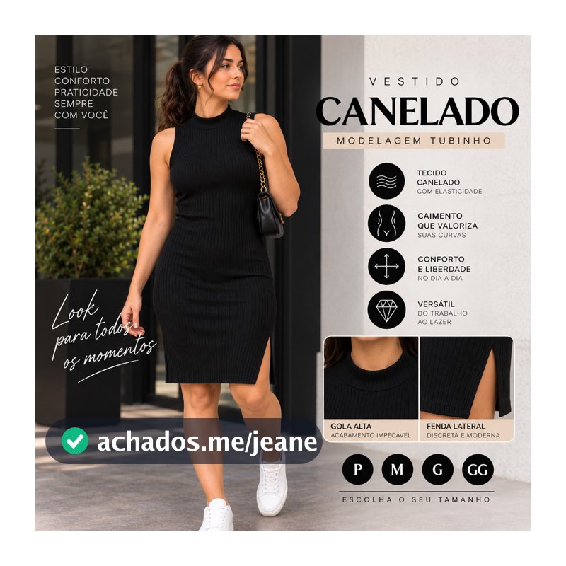 Vestido Feminino Canelado Tubinho Gola Alta com Fenda Lateral
