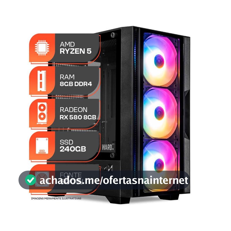 PC Gamer Forge, AMD Ryzen 5 5500, RX 580 8GB, 8GB DDR4, SSD 240GB, 500W 80 Plus