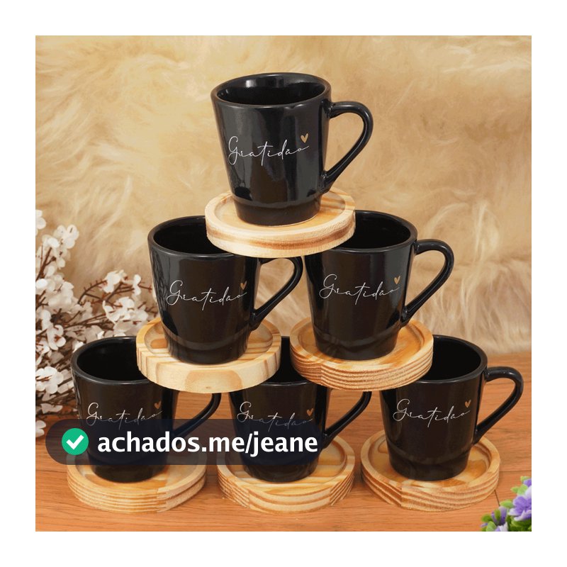Kit Jogo 6 Xicaras  Canecas Porcelana Preta 120ml + Pires De Madeira Redondo Gratidão Spot