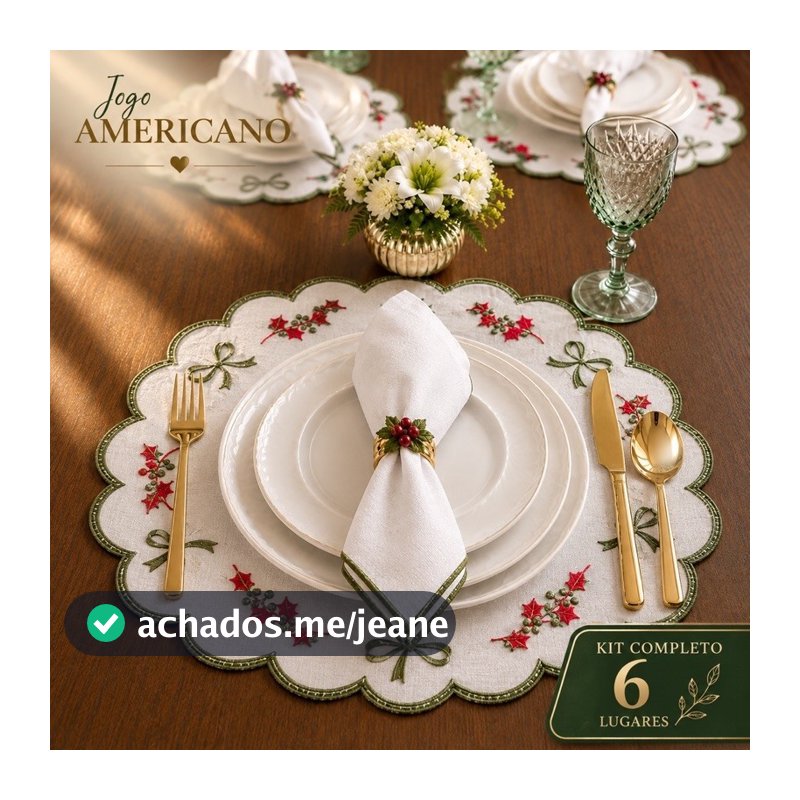 Jogo Americano 6 Lugares com Guardanapos em Linho Bordado Luxo Mesa Posta Premium