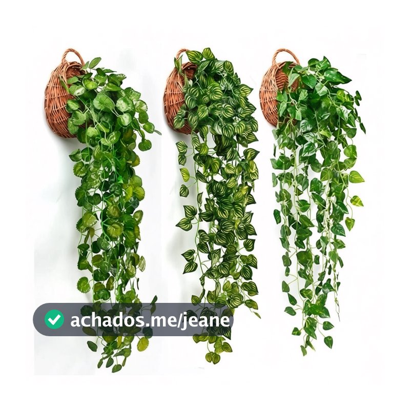 Kit 3 Cordões de Folhagem Artificial + Vaso de Planta Trançado Marrom com Zero Manutenção para Decoração