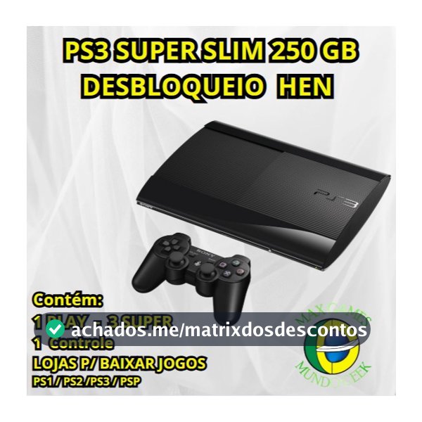 PS3 PLAYSTATION 3 SUPER SLIM 250 GB SONY H E N - 1 CONTROLE NOVO