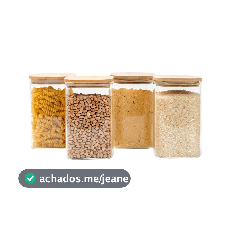 Kit 4 potes de vidro 1,1L tampa de bambu herméticos quadrado - Tüd