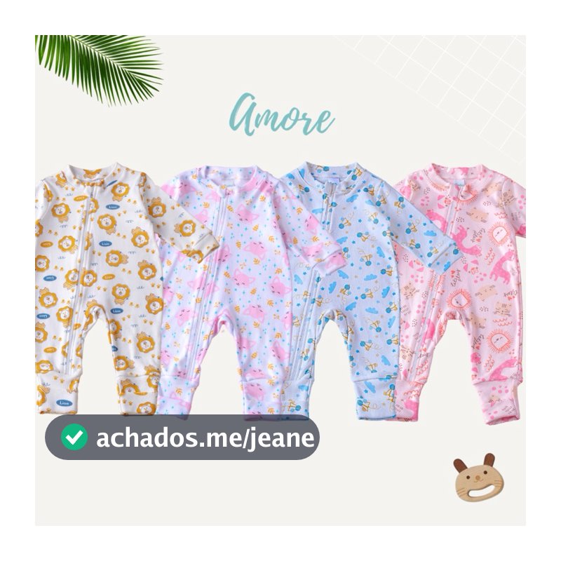Macacão Bebê Amore Menina Menino Vira Pé com Zíper Estampado Sortido Infantil 100% Algodão