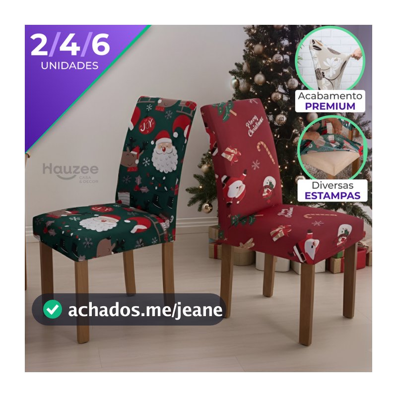 Kit Capa de Cadeira de Jantar Natal 2 4 6 Lugares | Tecido Elástico Importado Resistente Acabamento Papai Noel Natalino