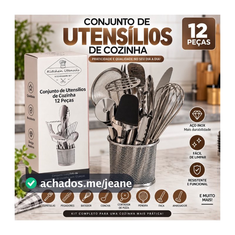 Kit 12 Utensílios de Cozinha Aço Inox – Acessórios Completos para o Dia a Dia