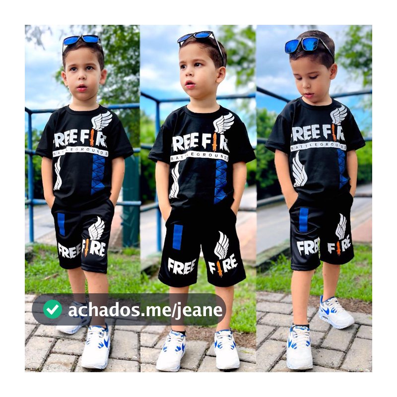 Conjunto Infantil Free Fire Azul Vermelho e Verde Bermuda e Camisa Lançamento