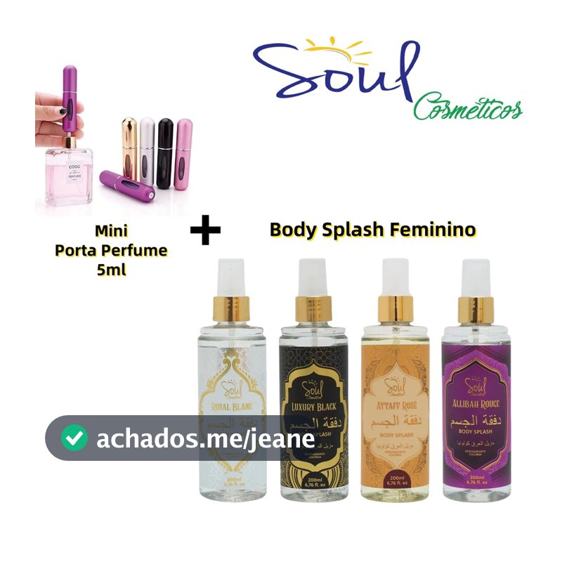 Kit Body Splash Feminino 200ml Soul Cosméticos + Mini Porta-Perfume 5ml | Fragrância + Refil Portátil (Cor Sortida)