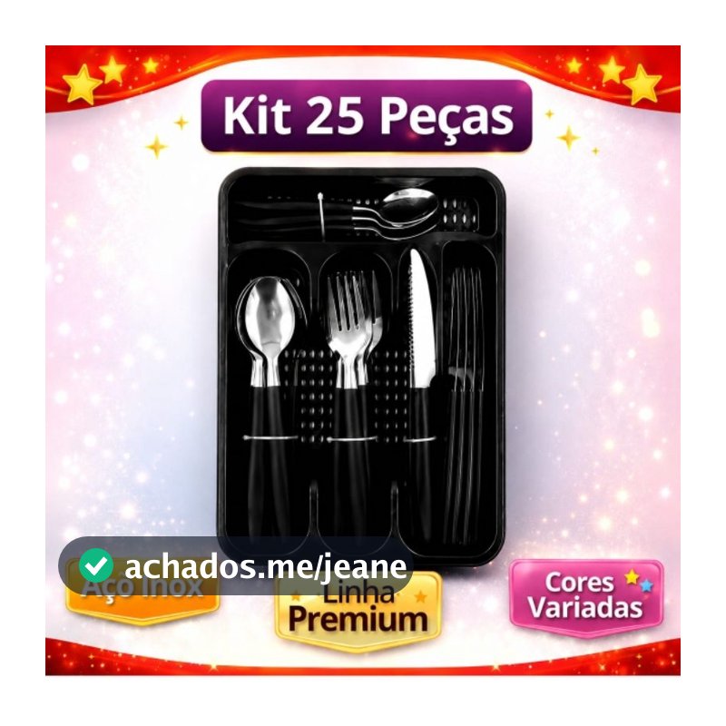 Kit Conjunto Talher Faqueiro com até 25 Peças Aço Inox Cozinha Com Suporte Para Gaveta - Preto - Vermelho - Rosa