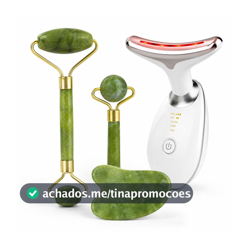 Kit Jade Roller Gua Sha + Massageador Facial LED 7 Cores 3 em 1