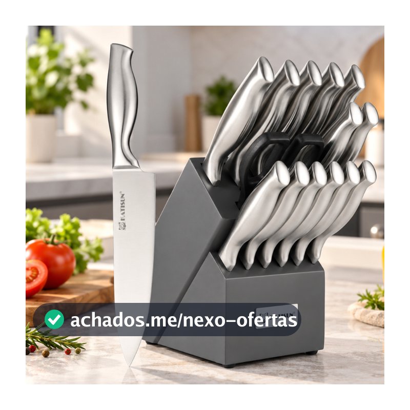 Conjunto de Facas de Cozinha 15 Peças em Aço Inoxidável com Suporte, Afiador Integrado e Design Profissional para Chef