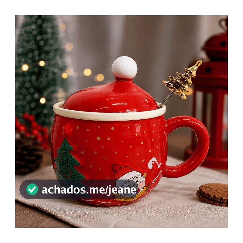 Caneca Natal C/ Tampa e Colher Papai Noel Cerâmica 300ml