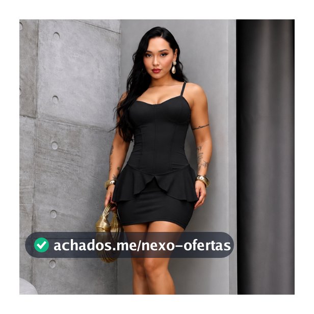 Vestido Feminino Curto Preto com Bojo Alcinha Decote Reto Modelagem Corset Justo com Peplum Babado
