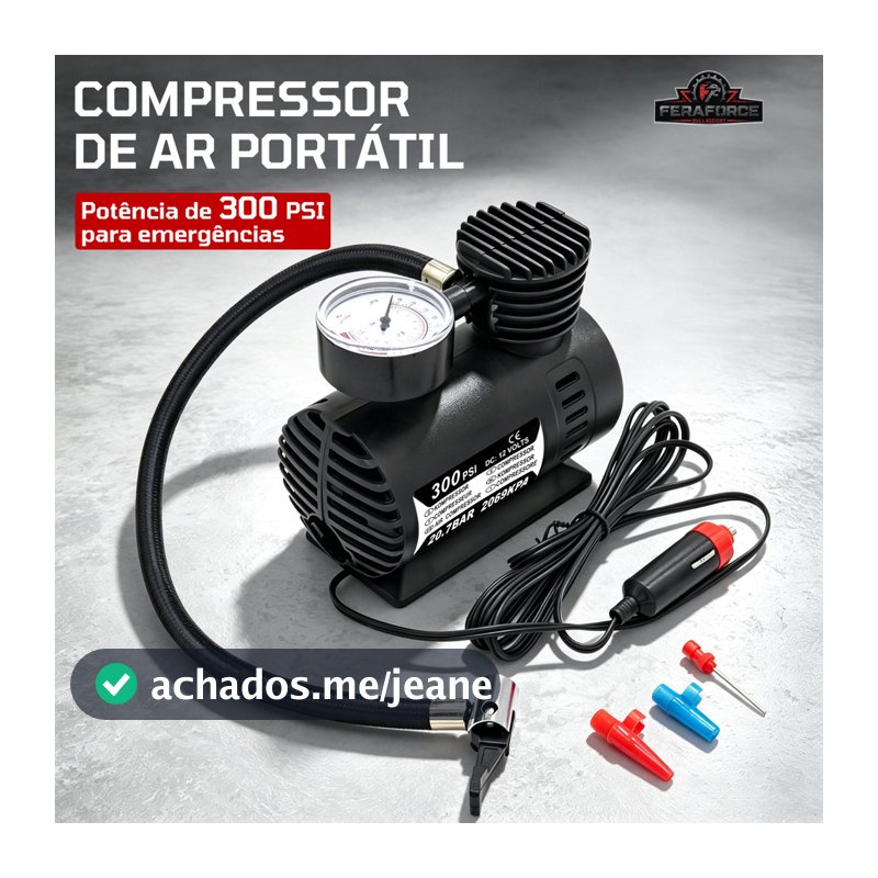 Compressor de Ar Portátil 12V 300PSI 35L/min para Pneus Carro Moto Bicicleta com Manômetro