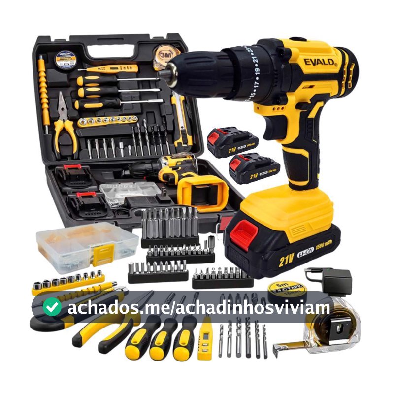 Parafusadeira Furadeira Bateria 21V com Impacto, Maleta, 2 Baterias e Kit 136 Peças Bivolt EVALD