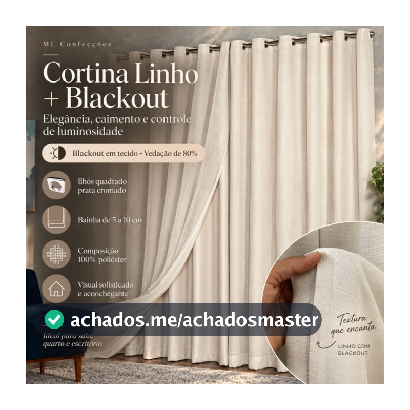 Cortina Voil Gaze de Linho com Forro Blackout 3,00 x 2,30/ 2,40/ 2,50/ 2,60/ 2,70/ 2,80 Varão