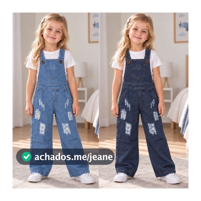 Macacão Jardineira Jeans Menina Calça Infantil Longa 2 ao 10 Anos