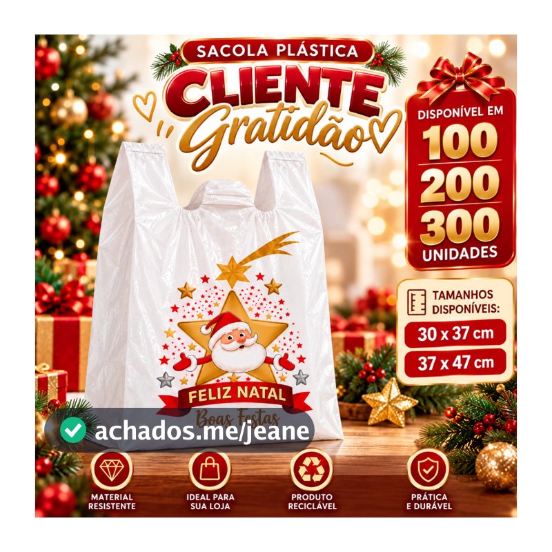 Kit 100 Sacolas Plasticas Natalinas 30x37cm 37x47 Feliz Natal para Presentes Lojas e Lembrancinhas