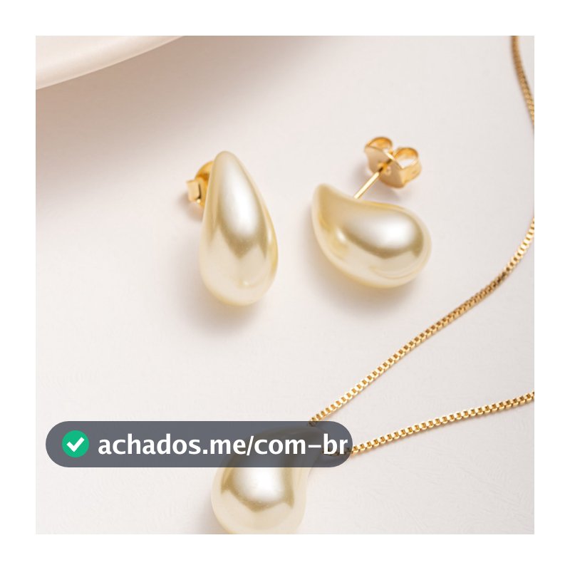 Brinco e Colar Gota Dágua Pérola Banhado Ouro 18K