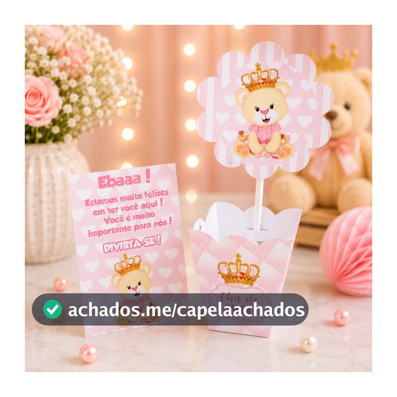 Cachepô + Plaquinhas URSINHA PRINCESA - Centro de mesa decoração chá de bebê