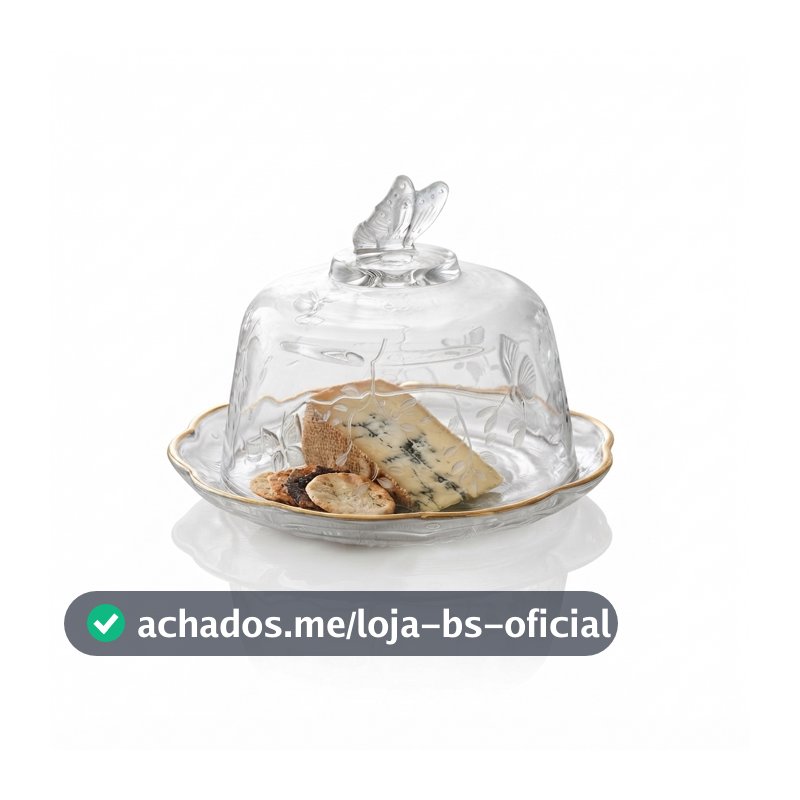 Queijeira de Cristal com Tampa Lyor New Butterfly Fio de Ouro 19cm Mesa Posta Servir Queijo Frios Presente Luxo Elegante