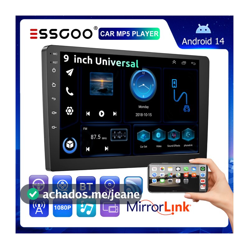（Envio de São Paulo）ESSGOO 9 Polegadas 2 Din Carro Multimídia Center 2GB 4GB Android 14 MP5 Player Com GPS