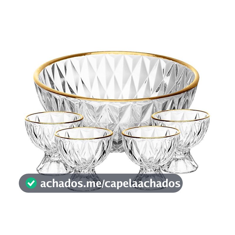 Conjunto 1 Bowl 1L e 4 Taças 120ml Diamond Lyor Cristal com Fio de Ouro para Sobremesas Doces Frutas Mousse Pavê 5 Peças