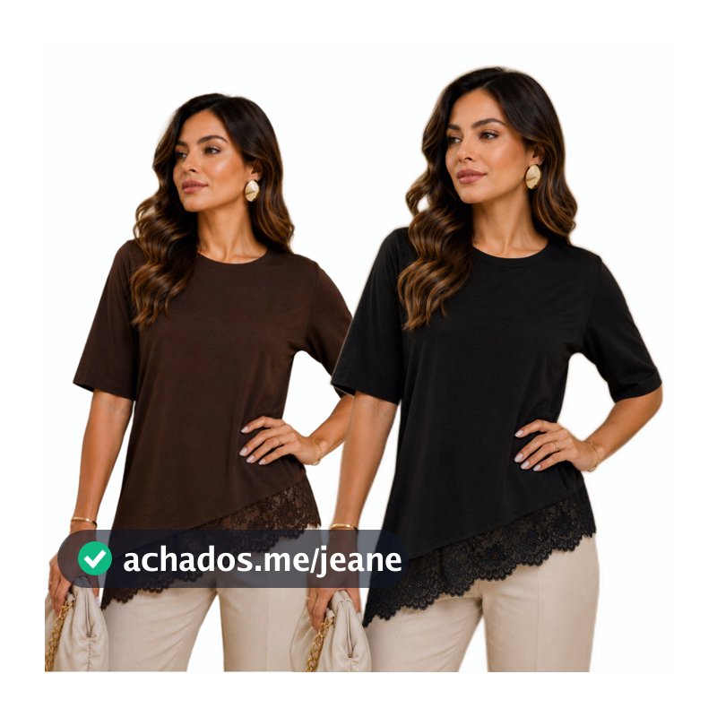 Kit 2 Peças Blusa Feminina Assimétrica  com Detalhe em Renda 100% Algodão Elegante