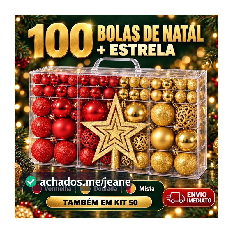 Kit 100 Bolas de Natal com Estrela ou Kit 50 Enfeite Árvore Vermelha Dourada Mista Fosca Glitter