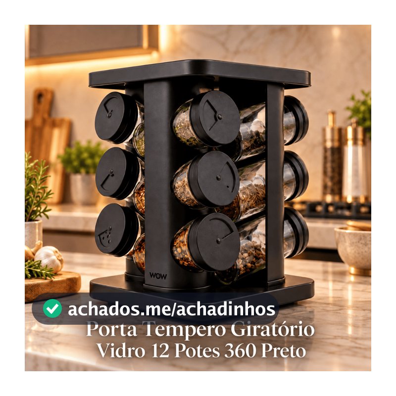 Porta Tempero Giratório Vidro 12 Potes 360 Preto