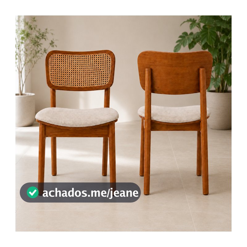 Kit Com 2 Cadeiras Em Madeira Maciça Sala de Jantar Moderna Linho Encosto Tela Rattan Premium