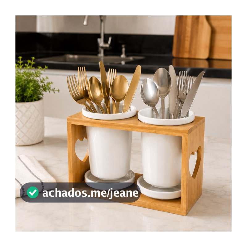 Porta Talheres Escorredor Porcelana Premium com Suporte Bambu Organizador Mesa Cozinha Moderna