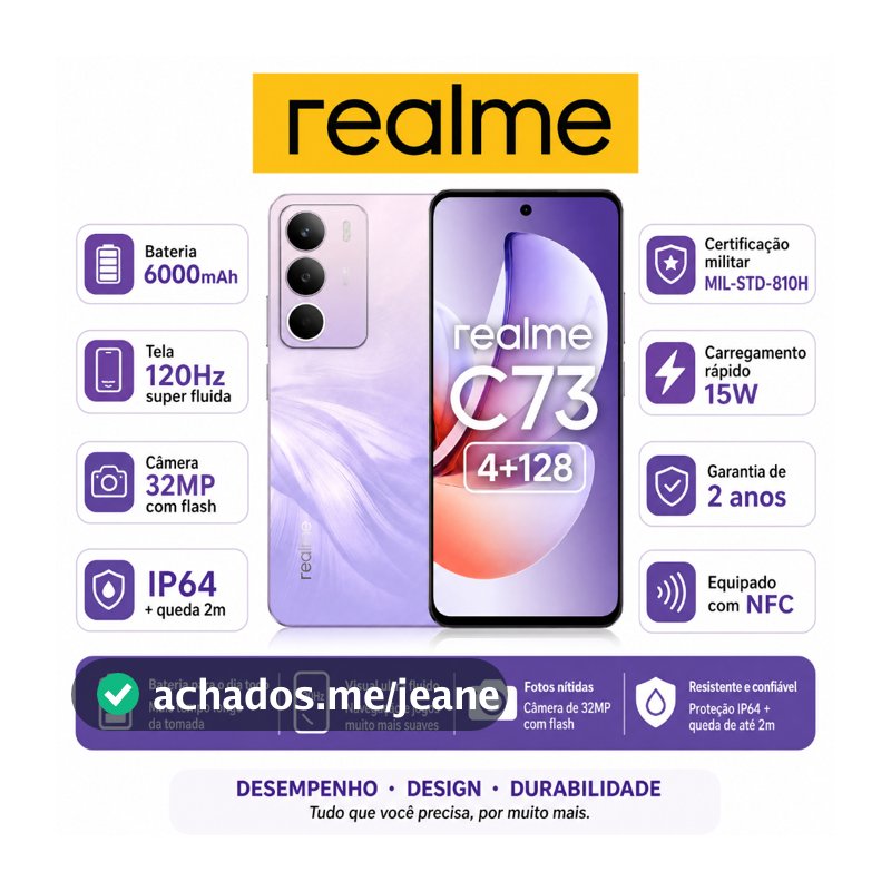realme C73 8+256GB Smartphone Celular Versão Global Bateria 6000mAh Câmera 50MP NFC Tela 6,67 Violet
