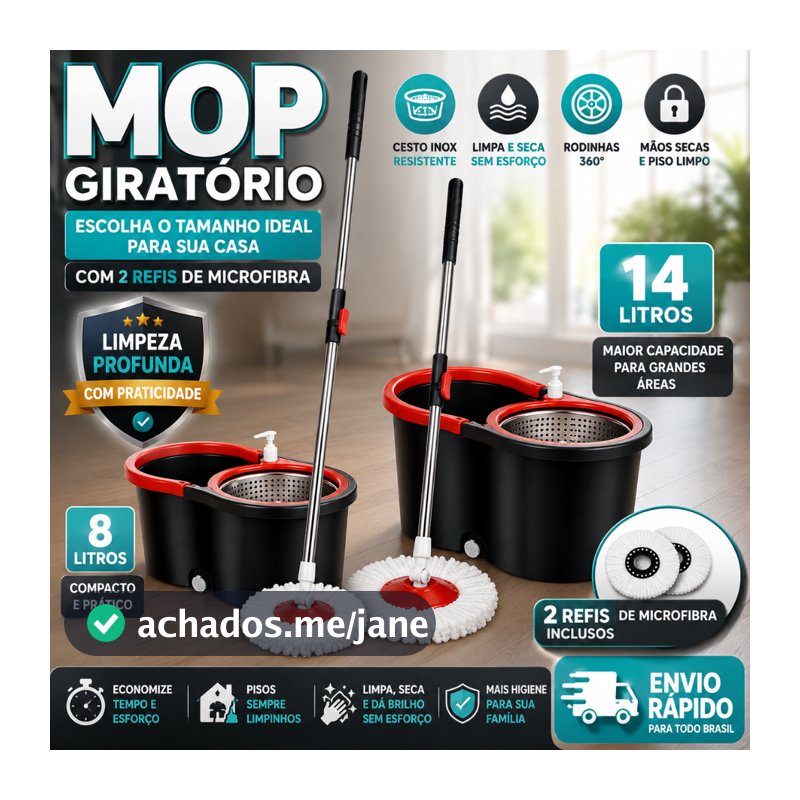 Mop C/ cabo de 140 cm + 2 Refis - Rodinhas e Cesto Em Inox - Balde Centrífuga - CH