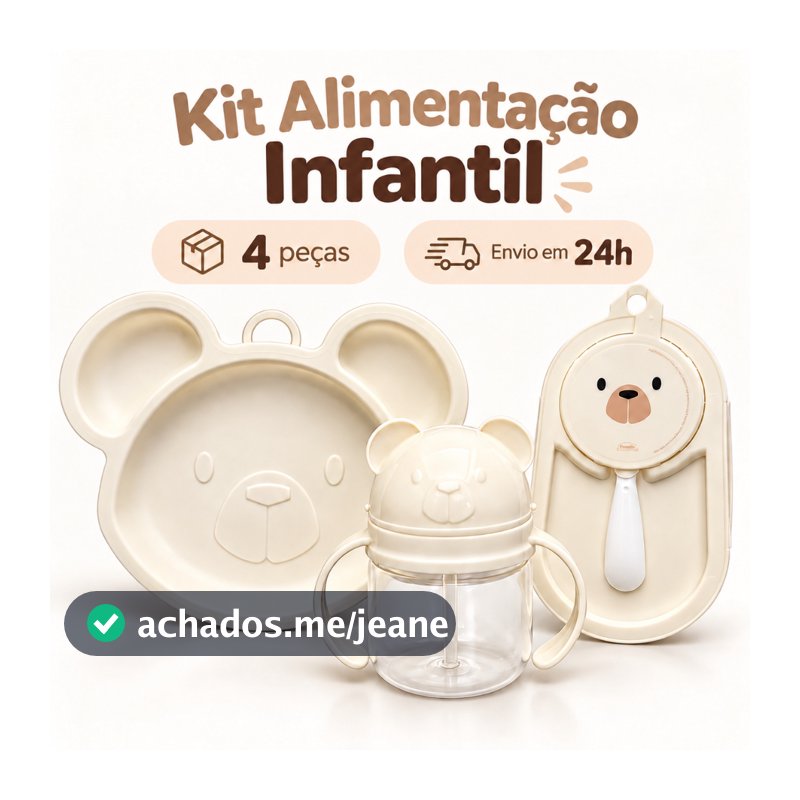 Kit Alimentação Infantil 4 Peças com Prato, Copo com Canudo, Porta Papinha e Colher Rosa Bege Azul Introdução Alimentar