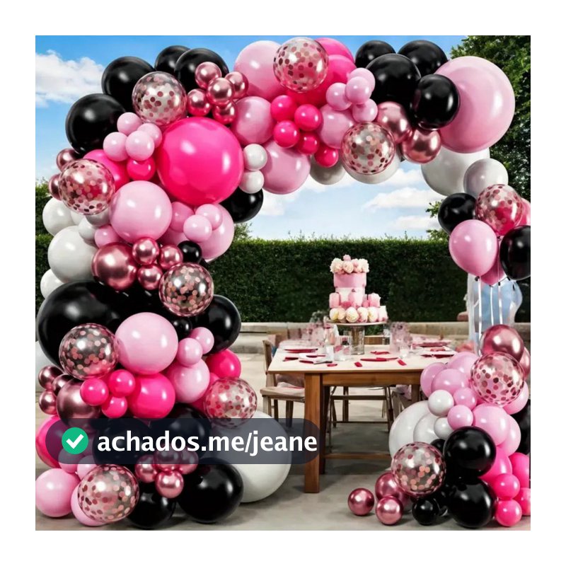 Kit 135 Balões Preto Rosa Pink Metalizado Bexiga Arco Desconstruido+Fita 5Mts P/Decoração Festa