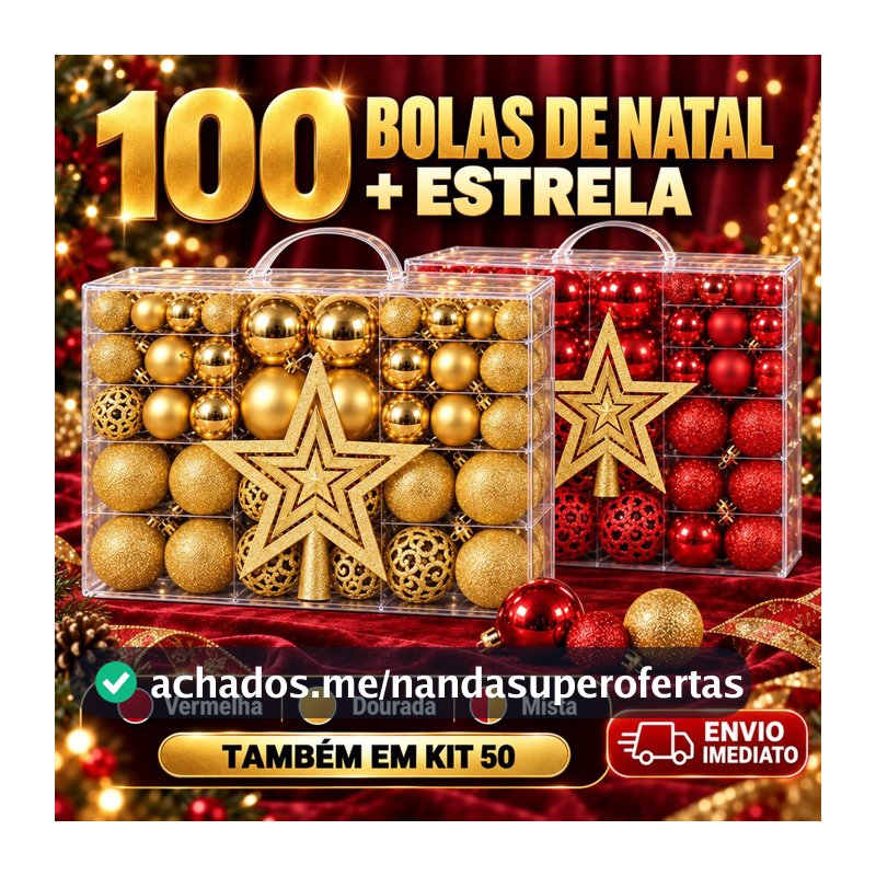 Kit 100 Bolas de Natal E Estrela Ponteira Decoração Enfeite Árvore Fosca Glitter Vermelha Dourada