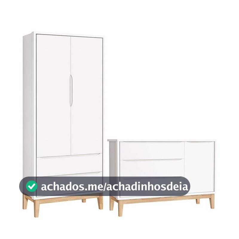Cômoda com Porta e Guarda Roupa Infantil 2 Portas New Classic Branco com Pés Madeira Natural – Reller