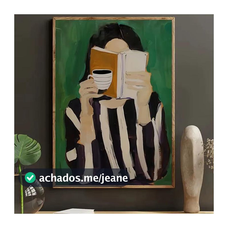 Quadro decorativo artístico mulher com livro e xícara minimalista (1 peça)